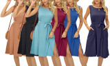 Women's  Summer Casual Sleeveless Side Slits Dress with Pockets and Belt