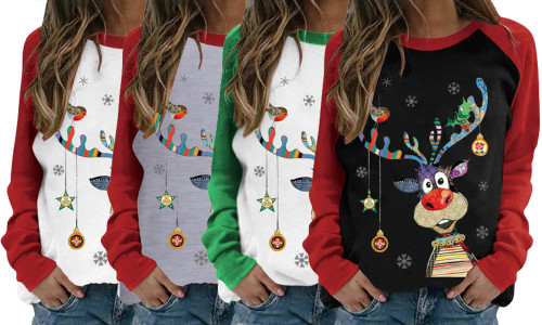 Women Christmas Elk Print Casual Pullover Sweatshirts