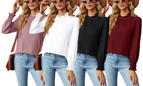 Women Mock Neck Lantern Sleeve Blouse