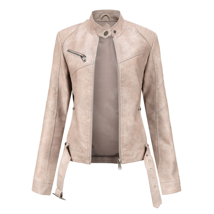 Full Color Women PU Jacket With Belt Standar Collar Design Biker Jacket