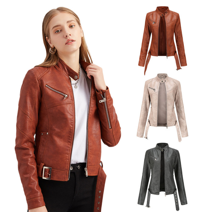 Full Color Women PU Jacket With Belt Standar Collar Design Biker Jacket