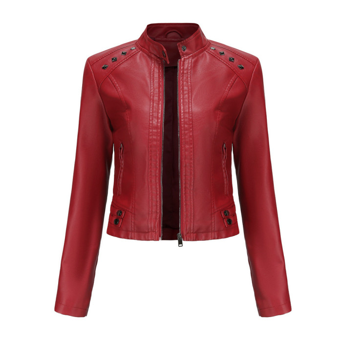 European Women Pu Jacket Sleeved Metal Rivets Stand Collar Jacket Fashion Brand Biker Jacket S-3XL