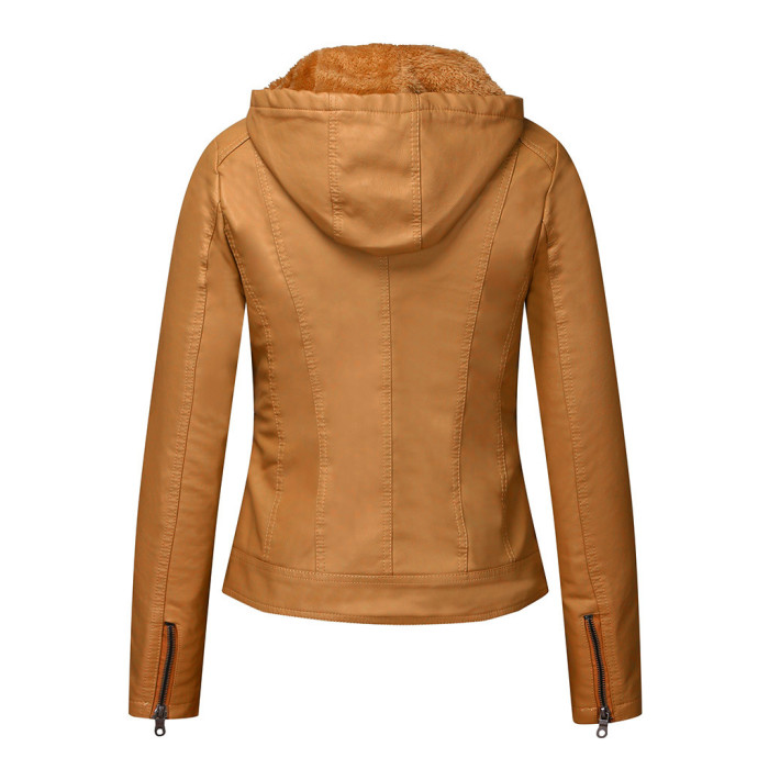 Fujian Factory Female Winter Pu Jacket with Hood and Fur Lining M-2XL