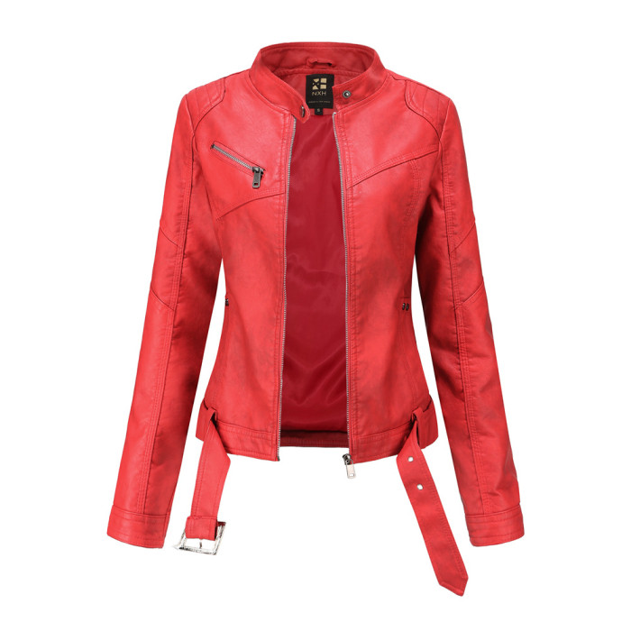 Full Color Women PU Jacket With Belt Standar Collar Design Biker Jacket