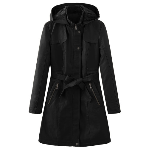 Lady Pu Jacket Raincoat Design Trench Coat Fur Lining Detachable Hood with Belt S-XL