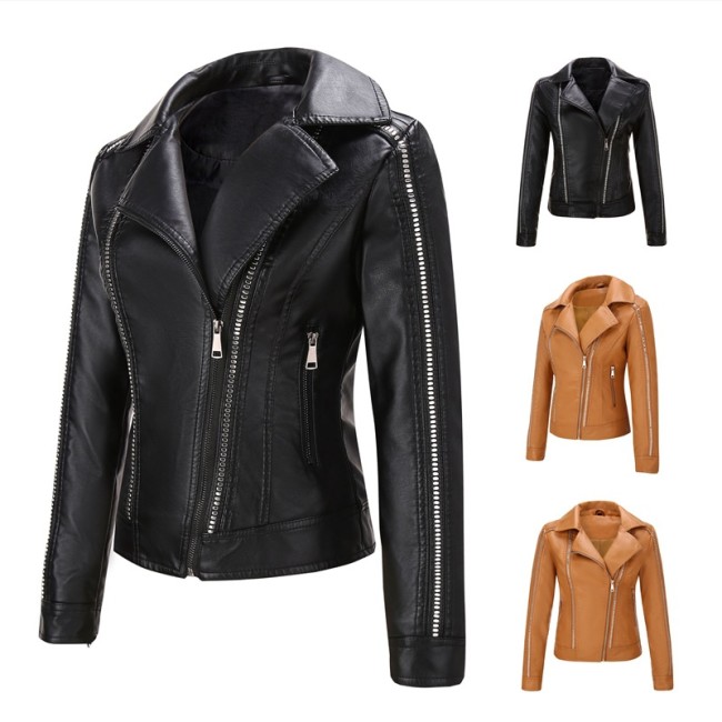 Lady Pu Jacket European Regular Fit PU Biker Jacket with Metal Rivits S-2XL