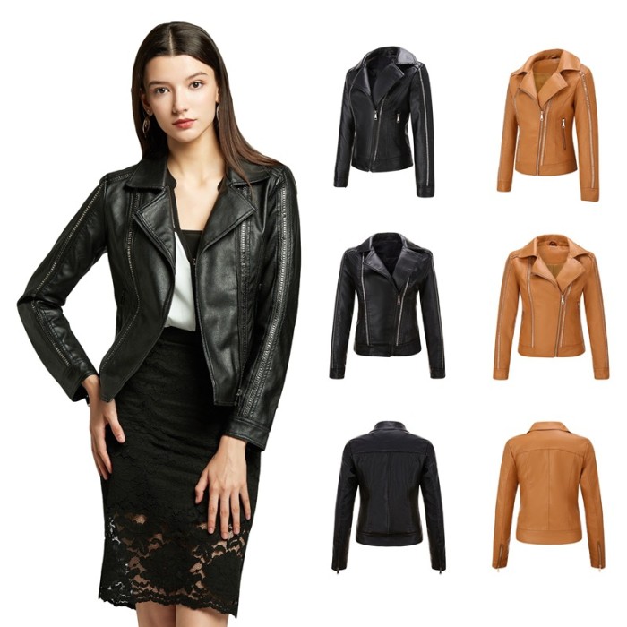 Lady Pu Jacket European Regular Fit PU Biker Jacket with Metal Rivits S-2XL