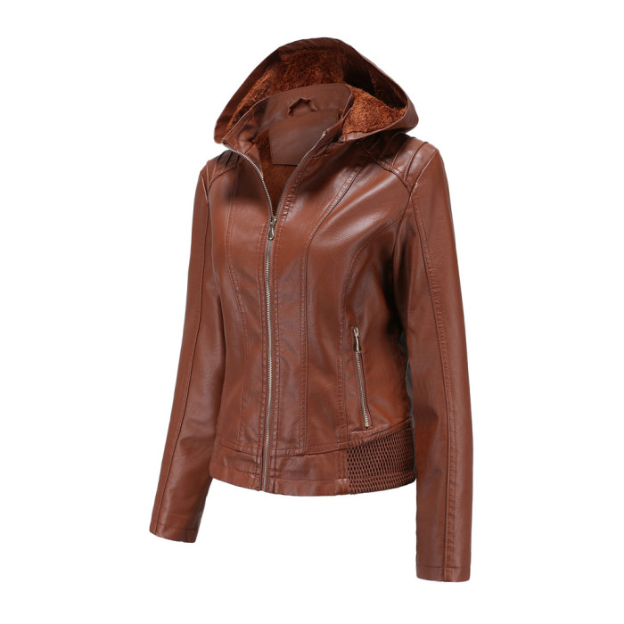 Detachable Hood Women Winter Pu Jacket Fur Lining Factory from China XS-XL