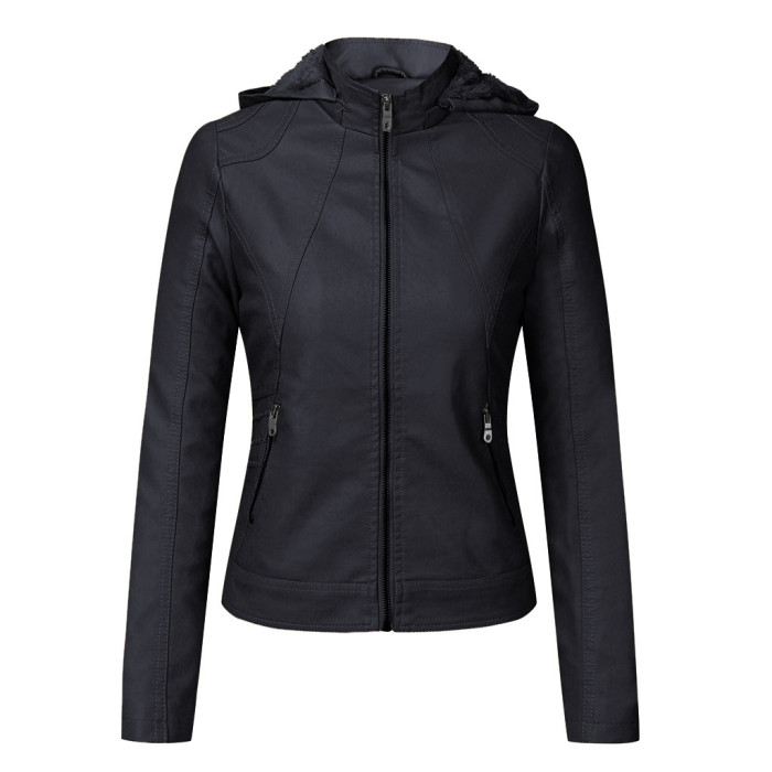 Fujian Factory Female Winter Pu Jacket with Hood and Fur Lining M-2XL