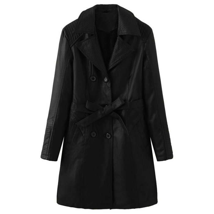 Lady Long Pu Jacket Roll Collar Trench Pu Outwear Fur Lining Warm Jacket S-XL