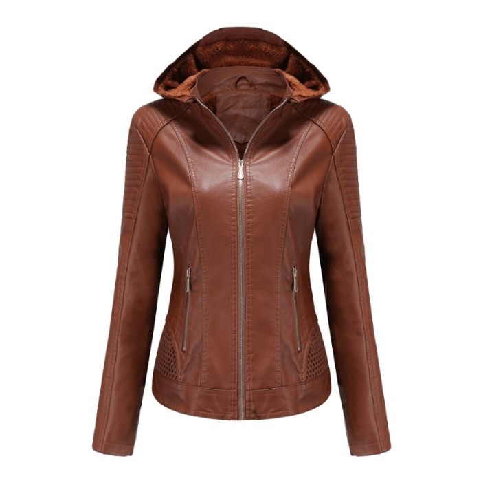 Female Pu Motor Biker Detachable Jacket Fur Lining Winter Pu Jacket Outwear S-XL