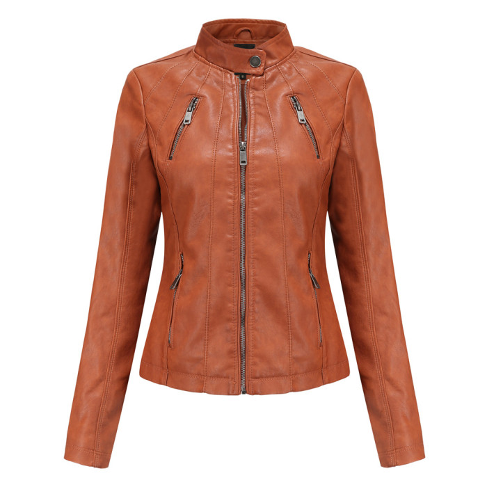 European Size Regular Fit Lady Pu Coat Outwear Motor Biker Zipper Jacket Fashion Style S-3XL