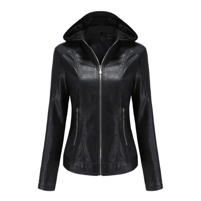 Female Pu Motor Biker Detachable Jacket Fur Lining Winter Pu Jacket Outwear S-XL