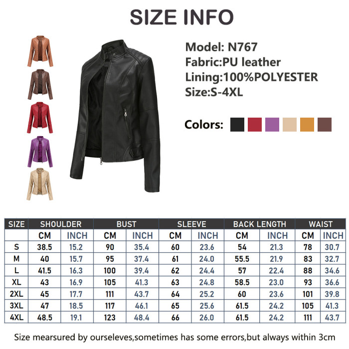 Factory for European Size Lady PU Motor Biker Jacket Stand Collar S-4XL