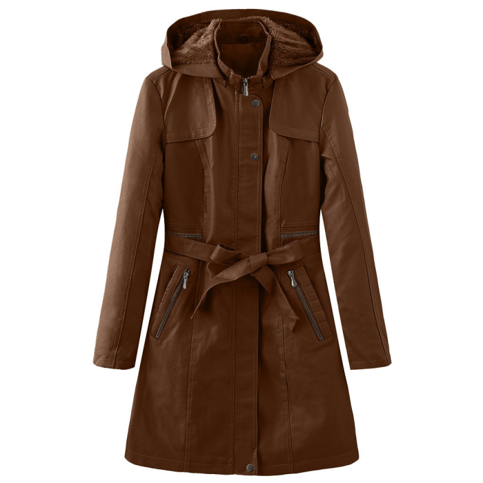 Lady Pu Jacket Raincoat Design Trench Coat Fur Lining Detachable Hood with Belt S-XL