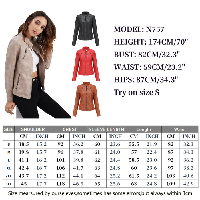 European Size Regular Fit Lady Pu Coat Outwear Motor Biker Zipper Jacket Fashion Style S-3XL