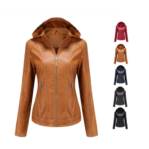 Female Pu Motor Biker Detachable Jacket Fur Lining Winter Pu Jacket Outwear S-XL
