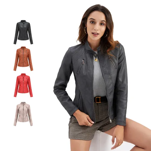 European Size Regular Fit Lady Pu Coat Outwear Motor Biker Zipper Jacket Fashion Style S-3XL