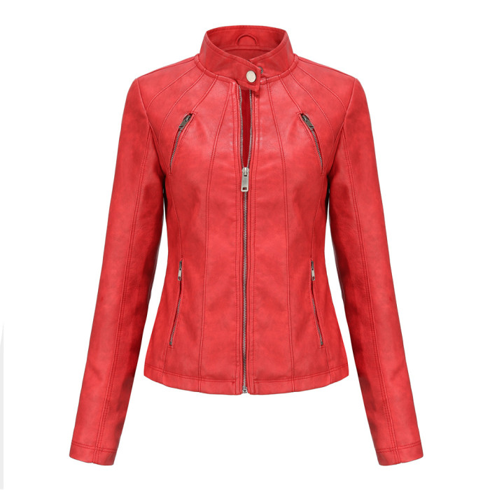 European Size Regular Fit Lady Pu Coat Outwear Motor Biker Zipper Jacket Fashion Style S-3XL
