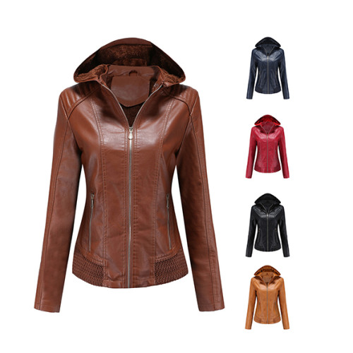Detachable Hood Lady Winter Coat Pu Motor Biker Fur Lining Cool Jacket XS-XL