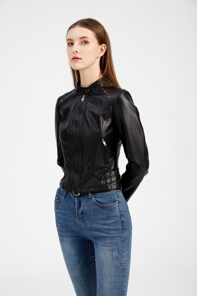 European Women Pu Jacket Sleeved Metal Rivets Stand Collar Jacket Fashion Brand Biker Jacket S-3XL