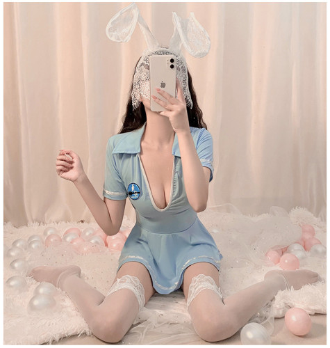 情趣內衣兔女郎角色扮演連體短裙藍色套裝製服