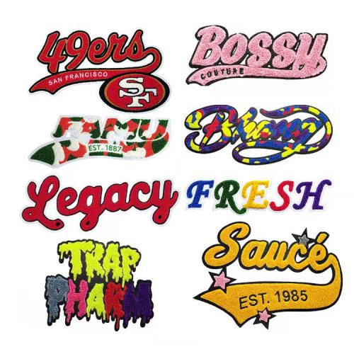 Custom high quality wholesale iron-on or sew-on letters towel patches embroidery chenille patches