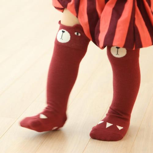 韓國製 酷酷小熊兒童彈性襪 / 止滑襪 / 童襪 / 長襪 - 湛紅