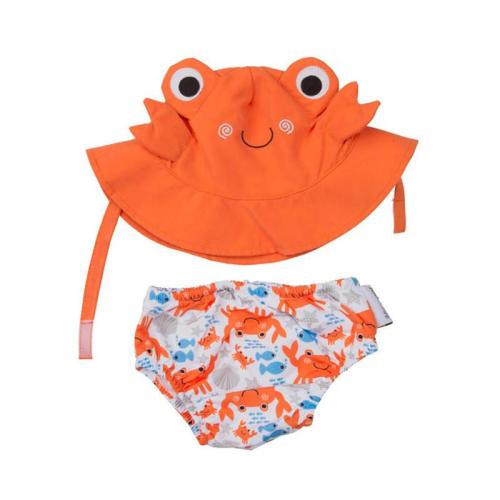 可愛動物尿布泳褲+遮陽帽/防曬帽 - 螃蟹
