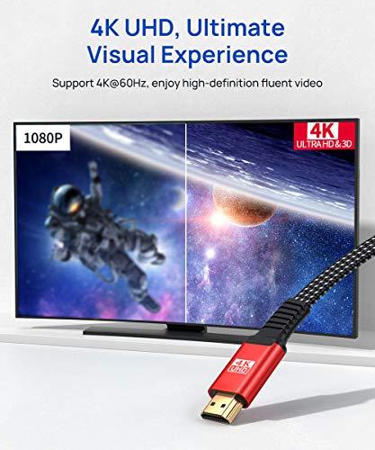 4K HDMI Cable 10ft, JSAUX Flat Slim HDMI 2.0 Cable High Speed 18Gbps HDMI to HDMI Cord Support 3D, 4K@60Hz, 2160P, HD 1080P, Audio Return(ARC) Ethernet Compatible with UHD TV, Playstation PS4 PS3-Red