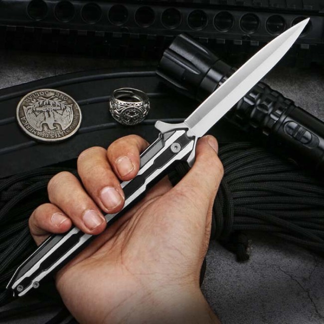 Assisted Flipper Pocket Folding Knife Stiletto Sword Satin Plain Blade