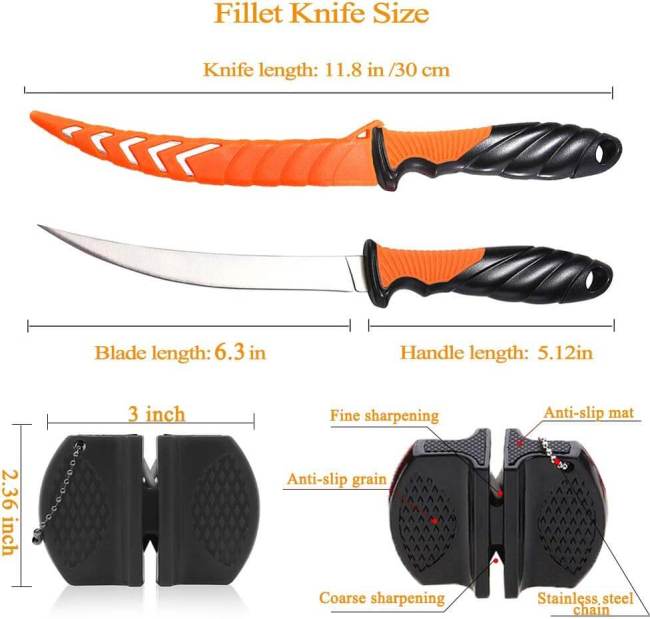Stainless Steel Fishing Fillet Knife 6.3inch with Sharpener (US Stock)
