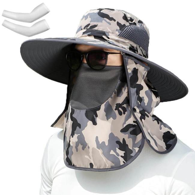 Wide Brim UV Boonie Camouflage Sun Hat with Neck Flap & Face Cover