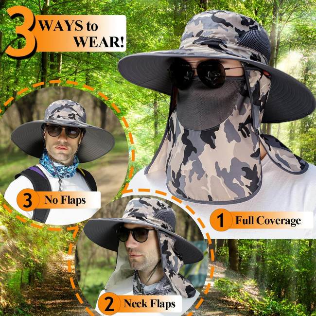 Wide Brim UV Boonie Camouflage Sun Hat with Neck Flap & Face Cover