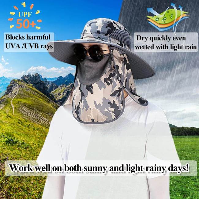 Wide Brim UV Boonie Camouflage Sun Hat with Neck Flap & Face Cover