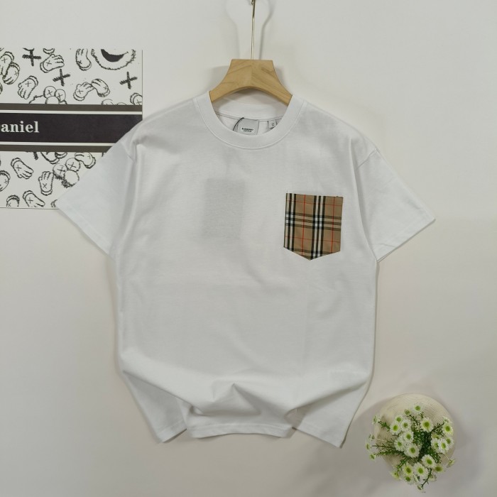 大人気 バーバリー 激安通販 定番チェックポケットパッチワークカジュアルクルーネック半袖Tシャツ2色