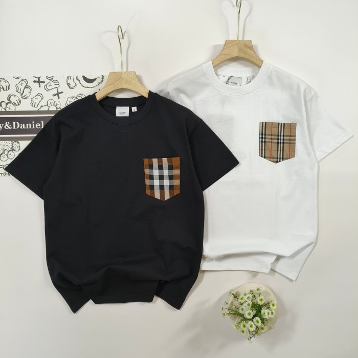 大人気 バーバリー 激安通販 定番チェックポケットパッチワークカジュアルクルーネック半袖Tシャツ2色