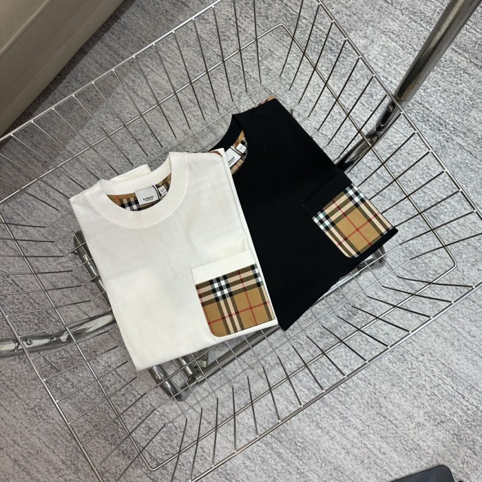 累積売上総額第１位！バーバリー n級品 2024 ss春夏新作チェックパッチワークポケットクルーネック半袖Tシャツ2色