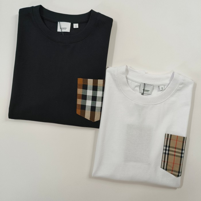大人気 バーバリー 激安通販 定番チェックポケットパッチワークカジュアルクルーネック半袖Tシャツ2色