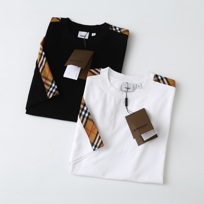 追跡付 バーバリー 激安通販 Burberryチェックのショルダーに丸首の半袖Tシャツをパッチワーク2色
