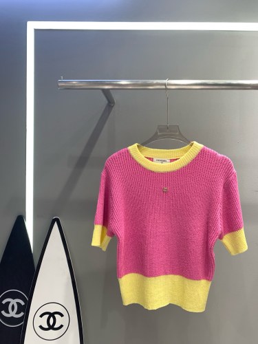 【話題商品！】シャネル 激安通販 ダブルC カラーブロック ニット ラウンドネック 半袖3色