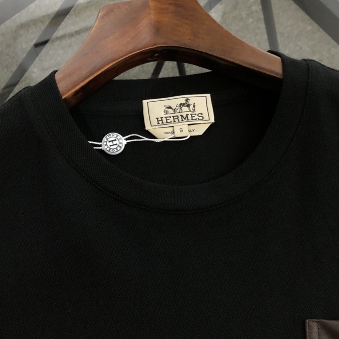 追跡付 エルメス コピー 2024新作ポケットレザー半袖Tシャツ