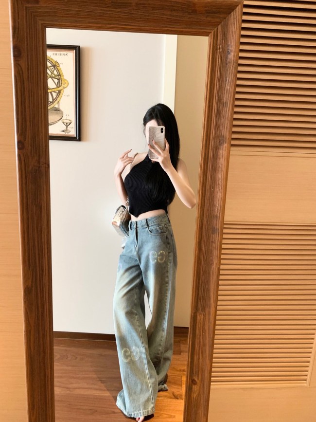 追跡付 グッチ コピーおすすめ ダブルGアルファベットドリルスリムストレートデニムパンツ