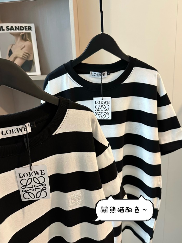 稀少 ロエベ 偽物通販 刺繍ロゴ白黒ストライプ半袖T
