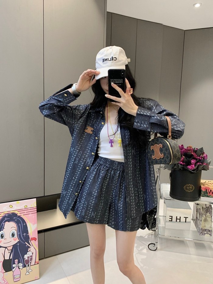 高品質 セリーヌ コピー 重工フル幅ドリルジャカード柄シルクデニムシャツ半ズボンセット