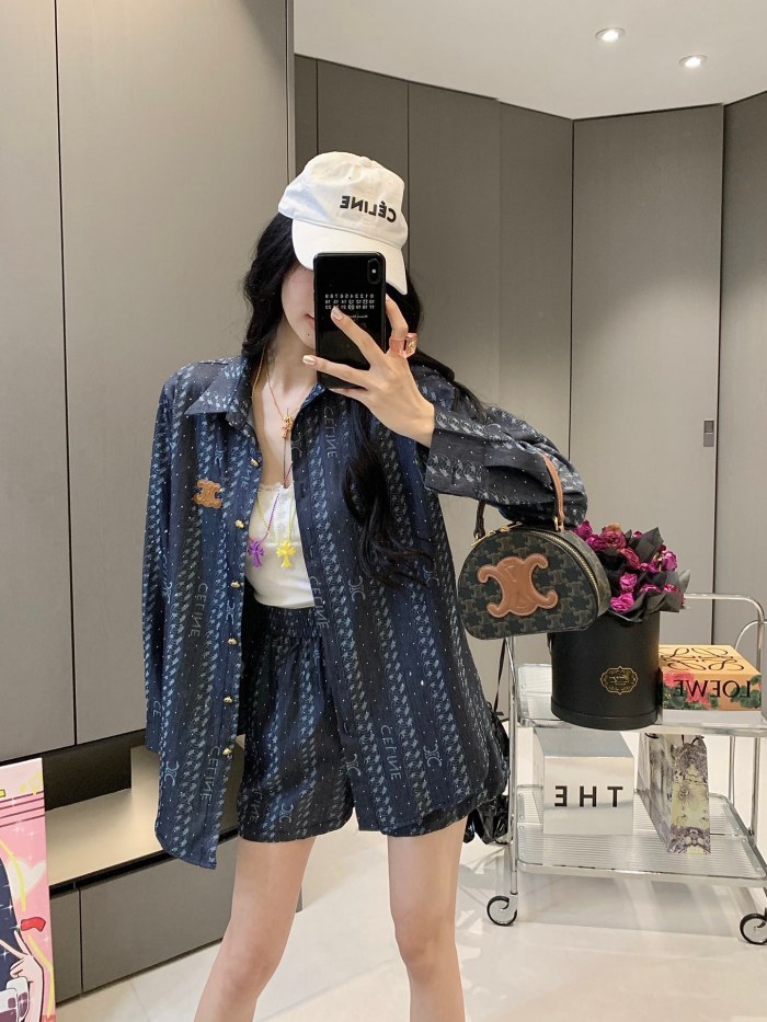 高品質 セリーヌ コピー 重工フル幅ドリルジャカード柄シルクデニムシャツ半ズボンセット