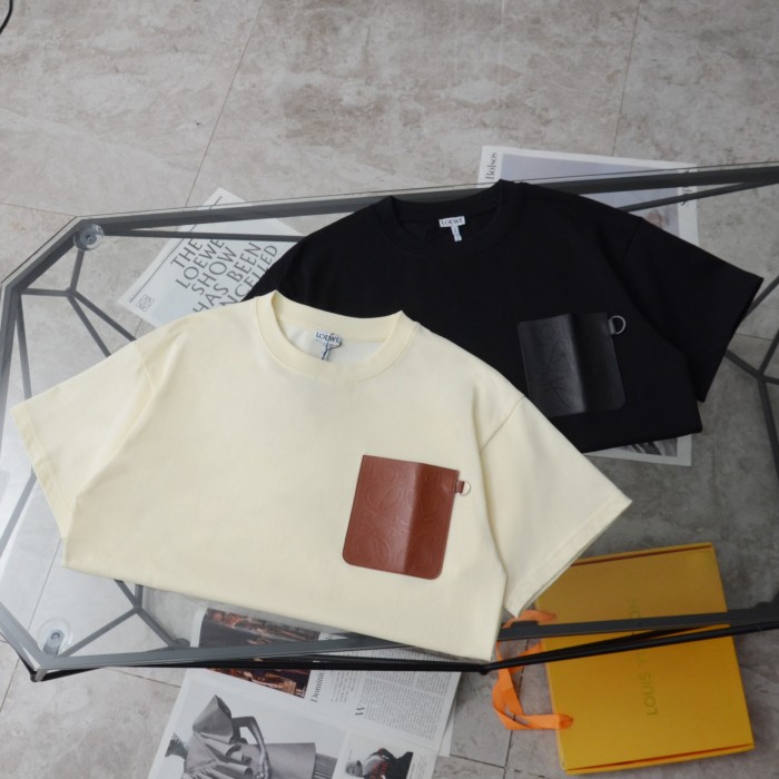 ★超人気 ロエベ 激安通販 レザーポケットロゴカジュアル丸首半袖Tシャツ