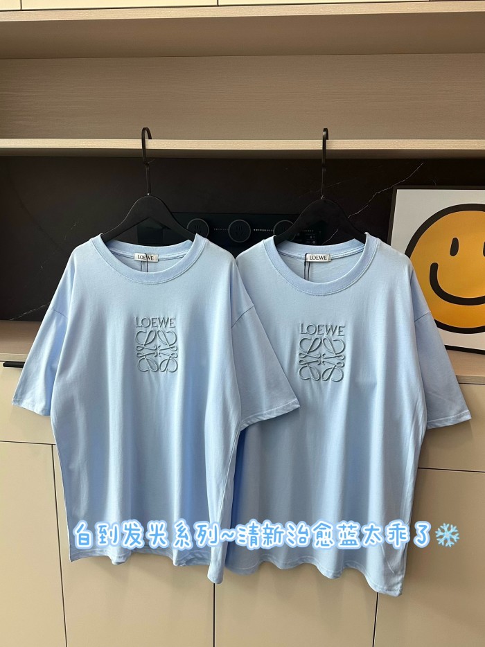 追跡付 ロエベ コピー Babyブルー刺繍ロゴ半袖Tシャツ