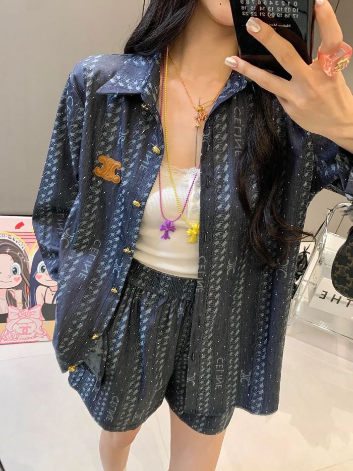 高品質 セリーヌ コピー 重工フル幅ドリルジャカード柄シルクデニムシャツ半ズボンセット