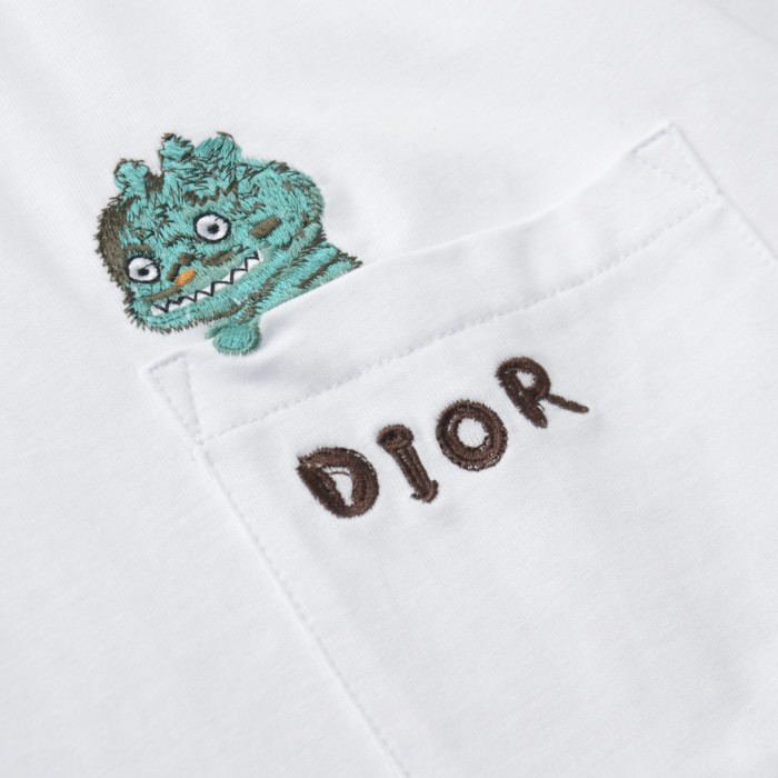 高品質 ディオール 偽物通販 ポケットポジショニング恐竜刺繍カジュアル丸首半袖Tシャツ